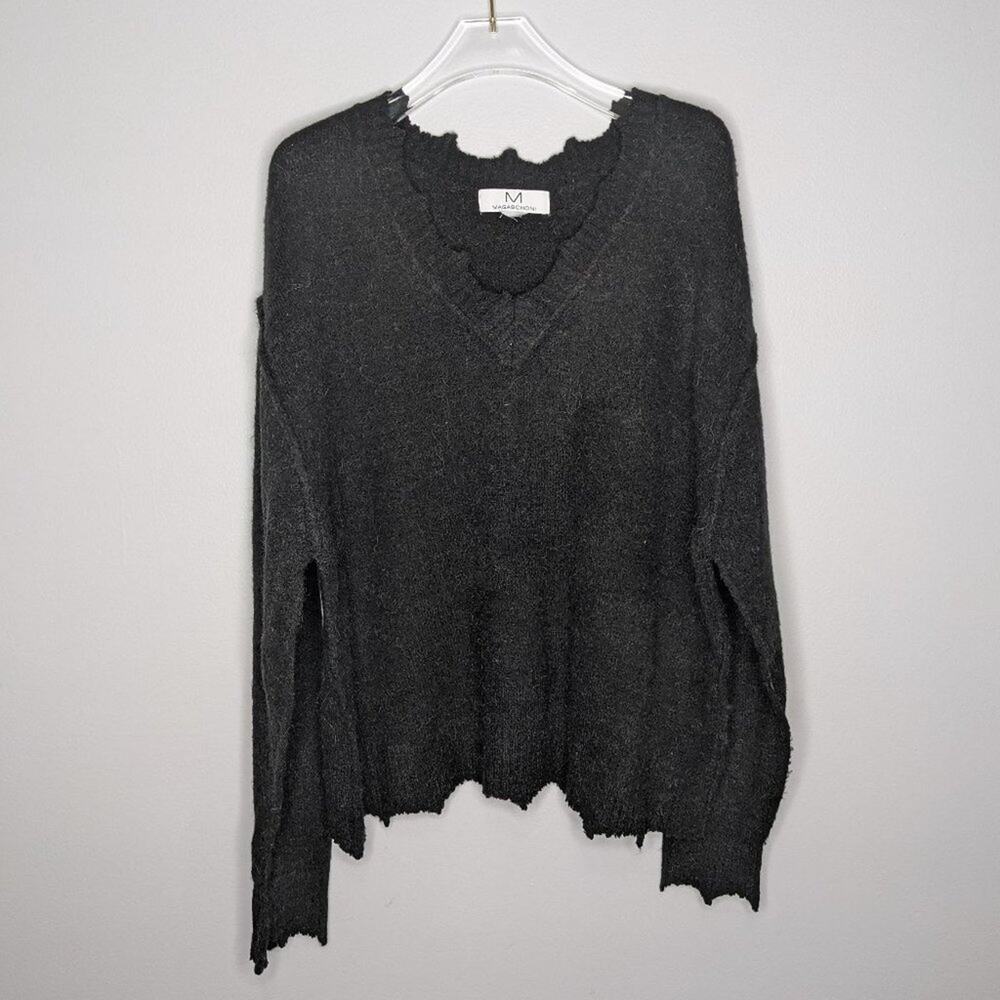 Magaschoni Women's Black V-Neck Raw Scalloped Edge Sweater